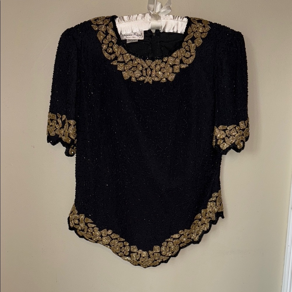 Laurence Kazar Black and Gold Embellished Asymmetrical Blouse